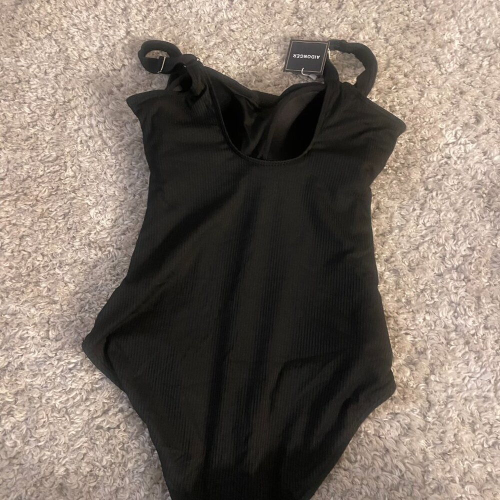 AIDONGER Black Ribbed Ruched One Piece Swimsuit NWT L - Picture 5 of 10